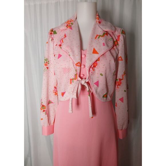 Vintage Maxi Dress and Matching Shrug Jacket Set 1960s Mod Geometric Floral Pink - Picture 4 of 15